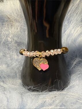 Light Pink Crystal Beaded Bracelet with Pink Heart Charm